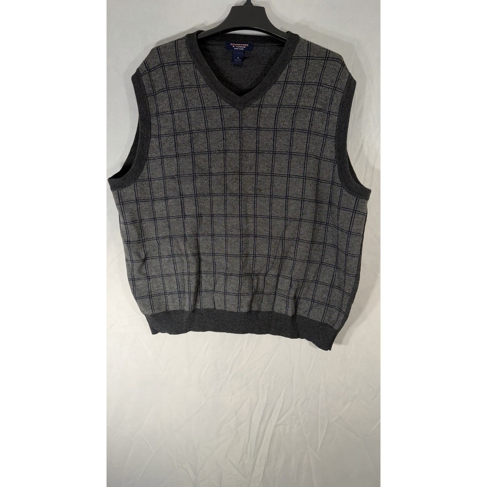 roundtree and yorke V Neck Sweater Vest XL Gray Window Pane Men's Wool Cotton